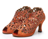 Rhinestone Latin Dance Shoes Peep Toe Brown Black Pink Ballroom Salsa Dancing Shoes For Women Soft Bottom