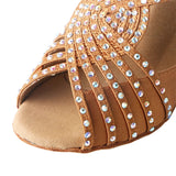 Rhinestone Satin Women Dance Shoes Bronze Black Latin Ballroom Tango Salsa Dancing Shoes