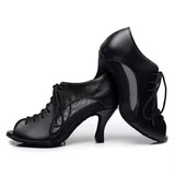 <transcy>Zapatos de baile de fiesta para mujer PU de malla inferior suave Zapatos de baile de salsa latina Tacón negro</transcy>