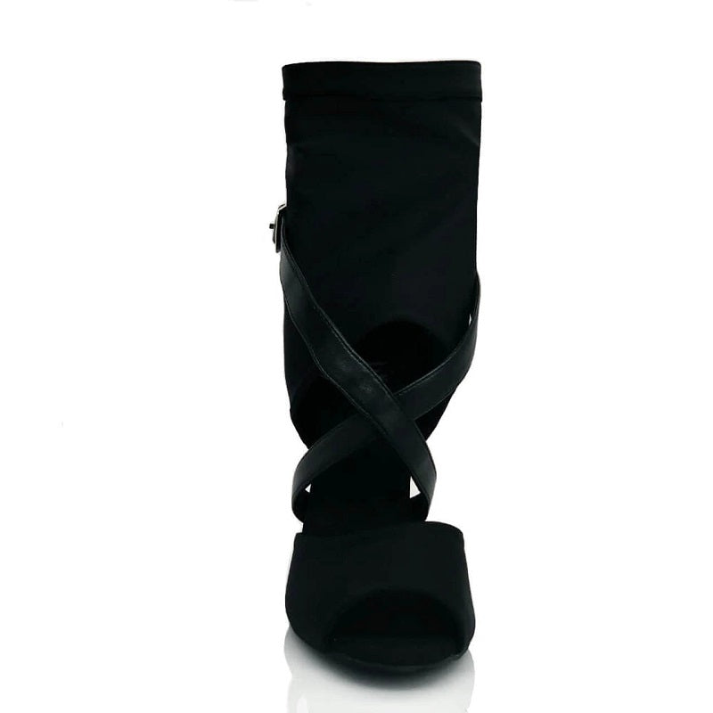 <transcy>Женская обувь для латинских бальных танцев сальса с открытым носком, эластичная лайкра, черные ботильоны</transcy>