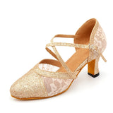 Closed Toe Modern Dance Shoes Latin Salsa Glitter Lace Golden Women Dancing Shoes