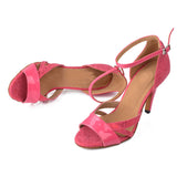 Latin Ballroom Dancing Shoes For Women Flock PU Apricot Pink Heels Dance Sandals