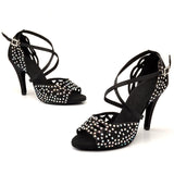 Woman Rhinestone Dance Shoes For Women Apricot Black Satin Salsa Latin Dance Shoes