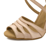 <transcy>Salón de baile Salsa Zapatos de baile de swing latino Mujer Sandalias deportivas de interior Satén de piel</transcy>