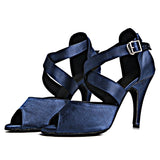 Latin Dance Shoes Dark Blue Satin Women's High Heel 10cm Salsa Shoes Soft Outsole