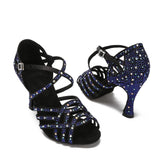 Women Latin Dance Shoes Salsa Rumba Samba Ballroom Party Ladies Wedding High Heels Blue Silver Shoes
