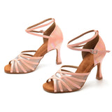 DANCE Ladies Latin Ballroom Dance Shoes Mesh Pink Microfiber Flare Heels