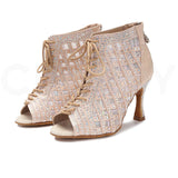 Satin Mesh Dance Boots Pink White Rhinestone Ballroom Salsa Tango Salsa Dancing Shoes For Women Girls
