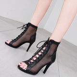 Stilettos High Heels Women Dance Shoes Apricot Black Mesh Suede Soft Sole Latin Ballroom Sandals Ankle Boots