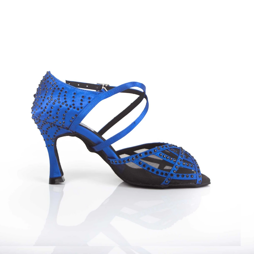 Satin Mesh Dance Shoes Blue Women Customized Heel Latin Ballroom Salsa Dancing Shoes Rhinestone