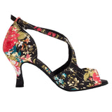 Latin Dance Shoes Woman Salsa Black Ballroom Shoes Ladies Satin Soft Sole Black Flower