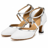 White Modern Dance Shoes Women Girls Pointed Toe Laitn Ballroom Samba Shoes