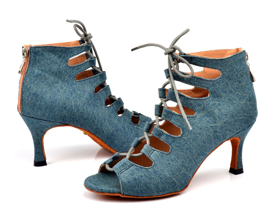 Latin Dance Shoes Women Denim Blue Dance Boots Salsa Performance Ballroom Shoes