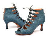 Latin Dance Shoes Women Denim Blue Dance Boots Salsa Performance Ballroom Shoes