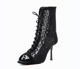Flock Lace Women Latin Ballroom Dance Boots Zipper Black Salsa Dancing Shoes For Wedding Party