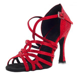 Red Satin Rhinestone Quality Suede Outsole Women Latin Dance Shoes Indoor Customized Shoes