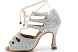 Latin Dance Shoes Silver Glitter Rhinestones Ballroom Dancing Shoes Women Party Salsa Shoes