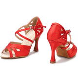 Satin Women Latin Dance Shoes Red Khaki