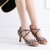 Leopard Rhinestone Latin Dance Shoes For Women Ballroom Salsal Dancing Shoes for Party Summer Sandals High Heels