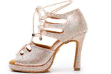 Women Rhinestone Latin Dance shoes Pink Satin Ballroom Dancing Shoes Platform Party Wedding High Heel
