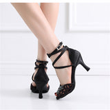 Women Rhinestion Latin Dance Shoes Black Soft Sole Ballroom Salsa Dancing Shoes for Girl Summer Wedding Party Sandals