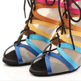 Customized High Heels Dance Boots Satin Mesh Women Ladies Rainbow Black Latin Ballroom Salsa Dancing Shoes