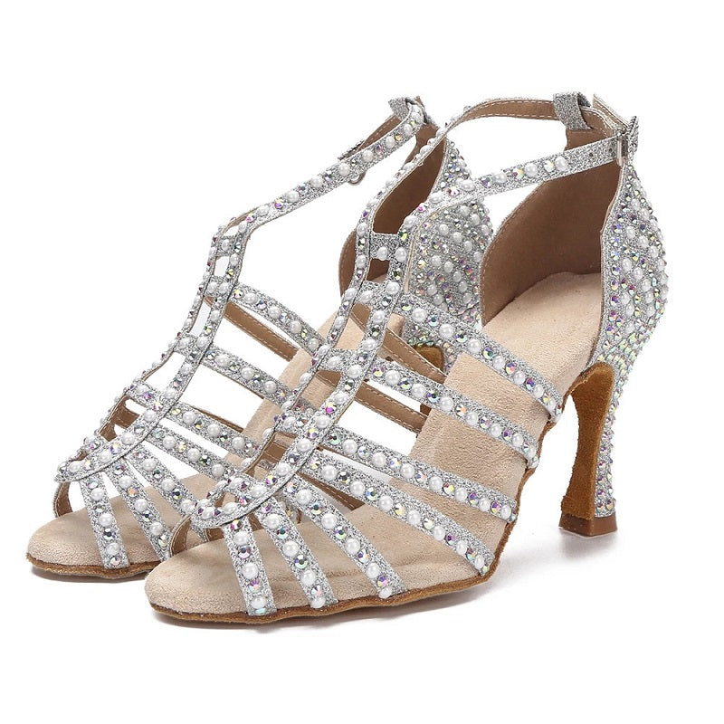 Rhinestone Pearl Dance Shoes Tango Latin Salsa Rumba Samba Soft Sole Women Sandals Ladies Wedding High Heels