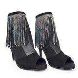 Party Dance Boots Black Latin Salsa Ballroom Dance Shoes Rhinestone Latin Dancing Shoes Boots 8.5cm Heel