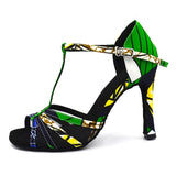 Women Professional Green High Heel Soft Outsole Satin Salsa Ballroom Latin Dance Shoes for Ladies