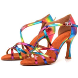 Fashion Latin Ballroom Tango Dance Shoes Rainbow Color PU Women Salsa Dancing Shoes Sandals Soft Bottom