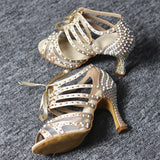 Women Party Dance Shoes Satin Shining Rhinestones Soft Suede Bottom Salsa Dance Shoes Heels White Black