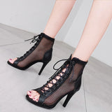 Stilettos High Heels Women Dance Shoes Black White Mesh Suede Soft Sole Latin Ballroom Sandals Ankle Boots