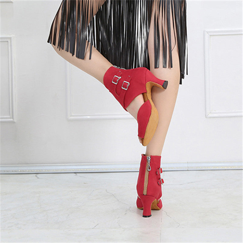 Women Ballroom Latin Dance Boots Ladies Salsa Professional Dancing Shoes Red Suede Dance Sandals
