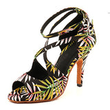 Salsa Jazz Ballroom Latin Shoes For Dancing Women Strip High Heels Featured Graffiti Satin Sandals