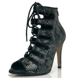 <transcy>Zapatos de baile de salsa de salón latino para mujeres niñas botas negras con punta abierta con estampado de serpiente</transcy>