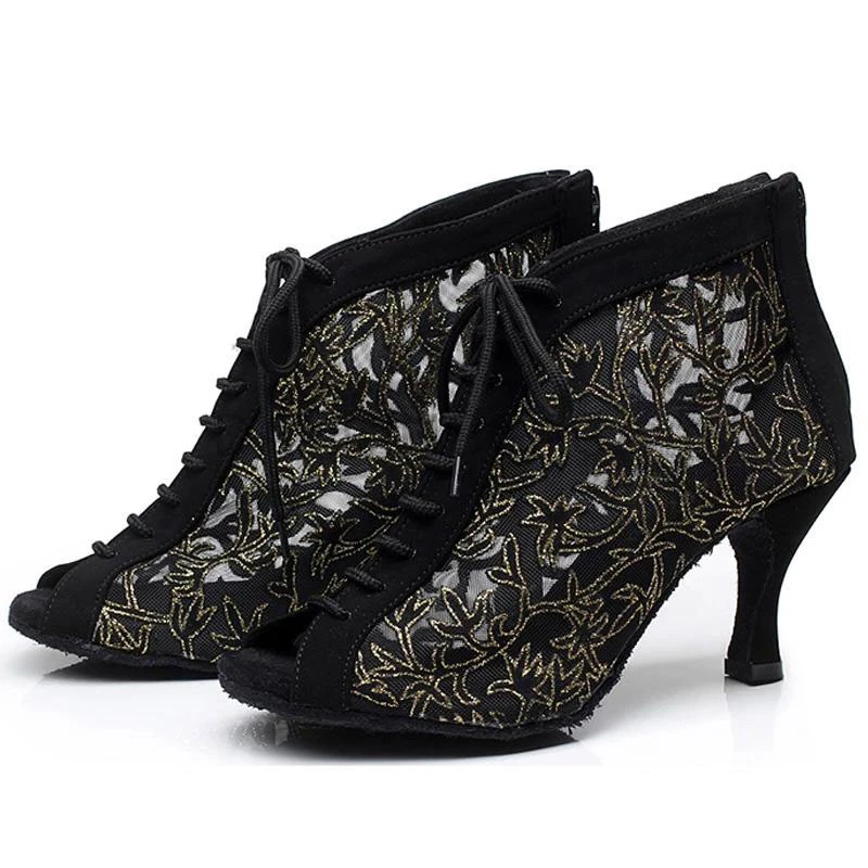 Women's Flocking Lace Customized Heel Ballroom Latin Dance Shoes Booties Black