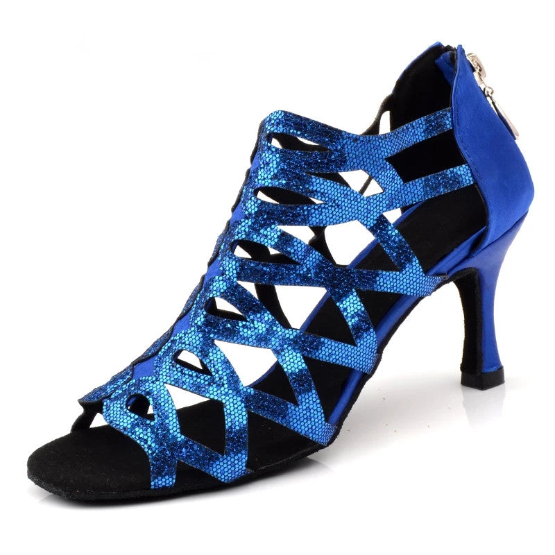 Women Latin Dance Shoes Blue Sequined Satin Sandals Ballroom Dance Shoes For Women Salsa Shoes