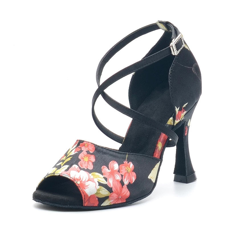 Satin Black Flower Lati Dance Shoes For Women Girls Ballroom Salsa Dancing Shoes