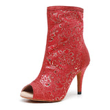 Women Latin Dance Boots Red Gliiter Salsa Soft Sole Ballroom Dancing Shoes for Wedding Party Sandals