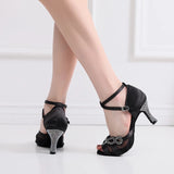 Black Lace Up Latin Ballrom Dance Shoes For Women Rhinestone Salsa Dancing Shoes