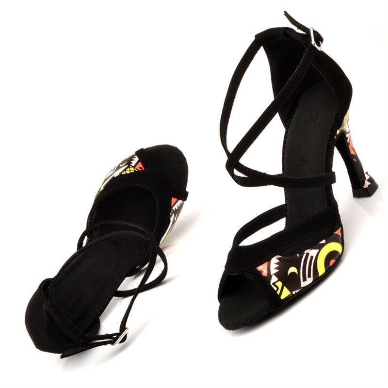 Latin Dance Shoes For Women Black African Print Salsa Ballroom Dance Sandals
