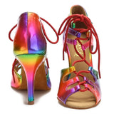 <transcy>Zapatos de baile latino para salón de baile para mujer, sandalias de baile de salsa con cordones para mujer, tacón deportivo de PU con arcoíris</transcy>