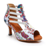 Latin Dance Boots Multicolor Pattern White PU Party Dance Boots Women Ballroom Dancing Shoes