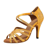 Women's Satin Dance Shoes Customized Heel Rhinestone Latin Salsa Ballroom Dance Shoes