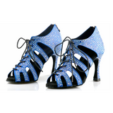 Blue Rhinestone Latin Dance Shoes Satin Ballroom Tango Salsa Dancing Shoes For Women Girls