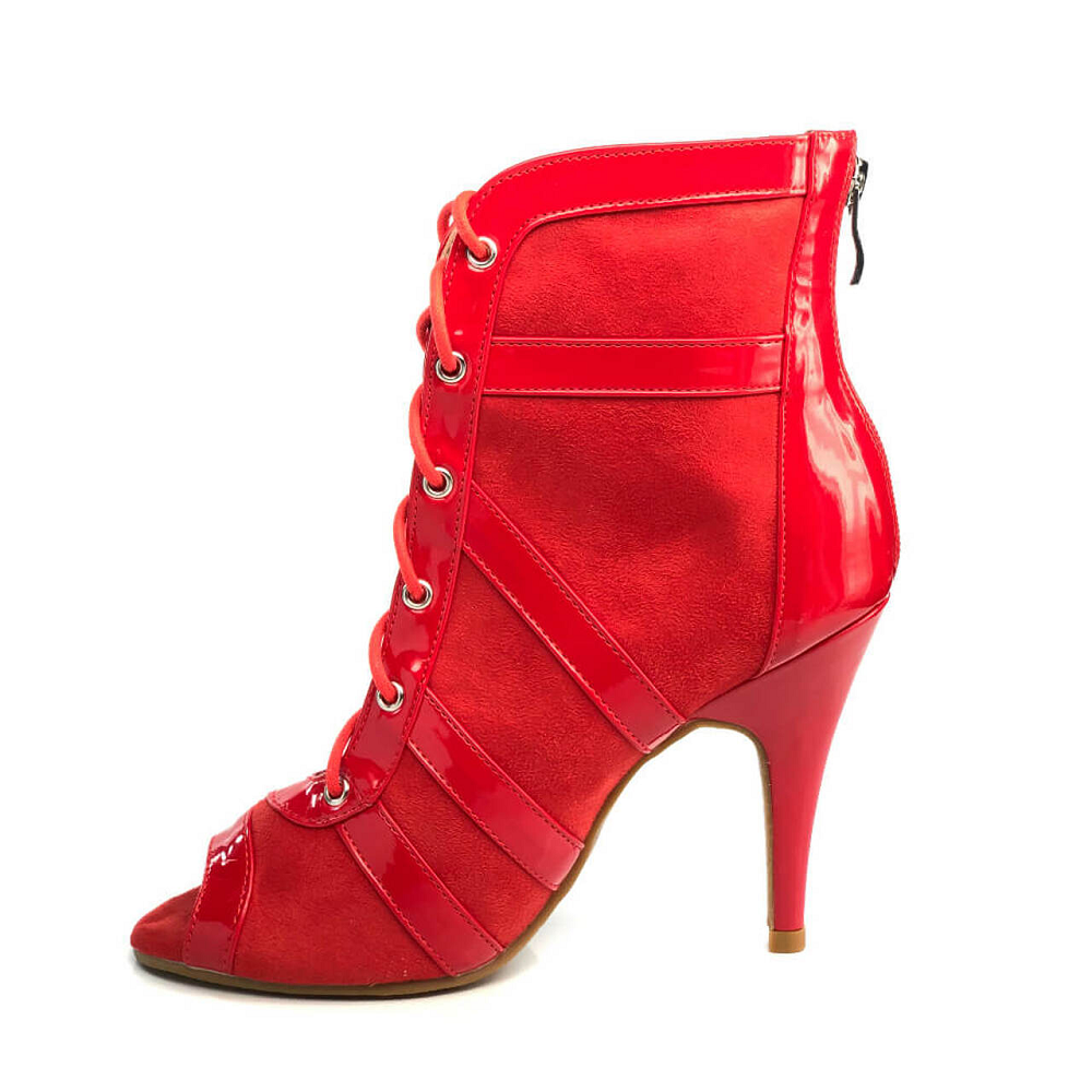 Red Rubber Sole Sporty Open Toe Lace Up Ankle Boot For Women