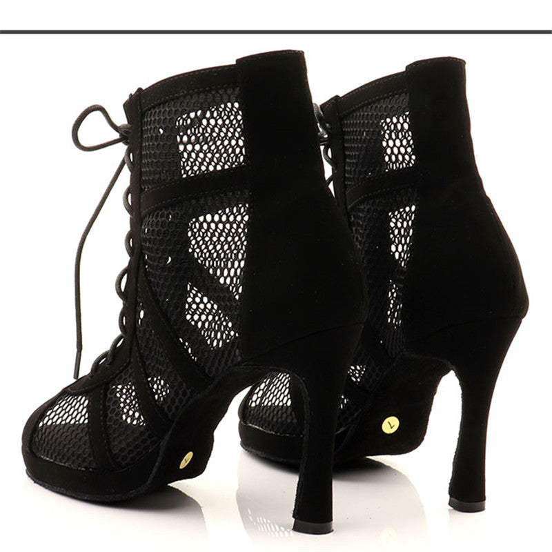Flock Mesh Women Platform Dance Boots Peep Toe Custom Heel Latin Ballroom Salsa Dancing Shoes