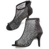 <transcy>Mujer Salón Social Salón de baile Latino Salsa Botas de baile Malla Fiesta Zapatos de baile con Sandalias de tacón en la espalda de satén negro</transcy>