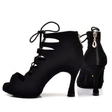 Women's Latin Dance Shoes Ballroom Tango Platform Ladies Comfortable Flock Salsa Dancing Shoes Black 9cm Cuban