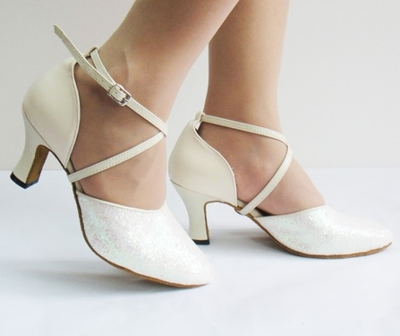 White Latin Dance Shoes For Women | PU Glitter Ballroom Dance Shoes | Suede Sole | Danceshoesmart